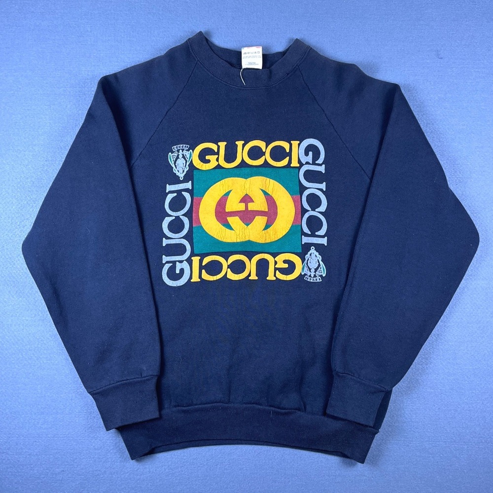 Vintage 90s Fruit of the Loom Gucci Bootleg Sweatshirt Navy Blue Mens Medium USA